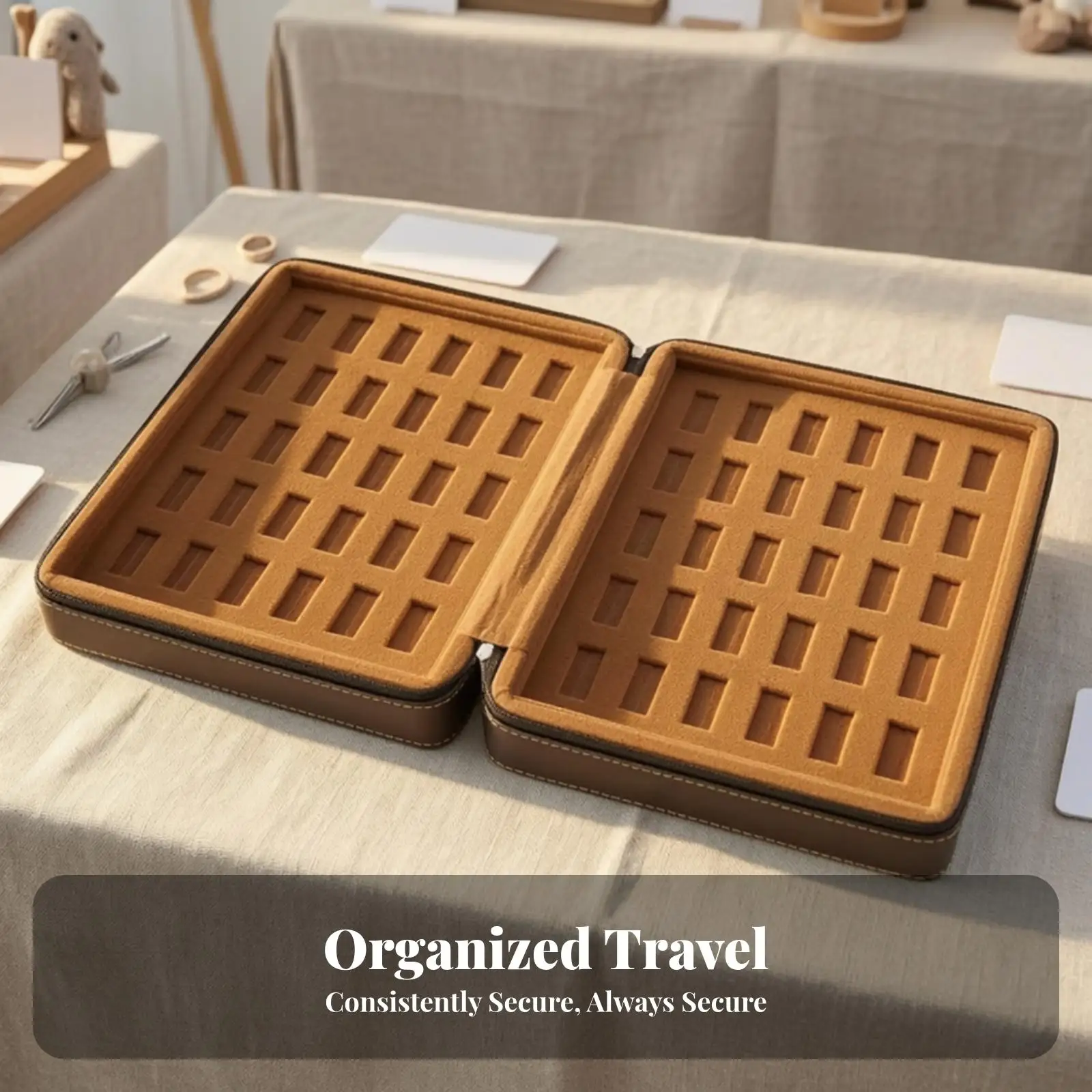 Coffee Colored Jewelry Organizer Case with Stitched Edges for Travel Home Dresser Display