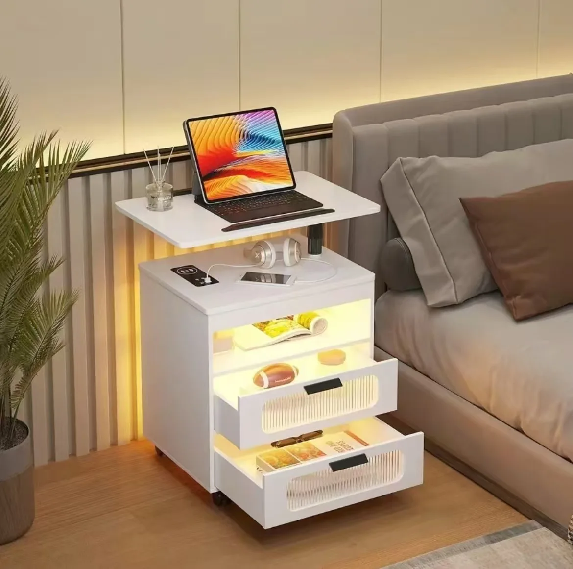Smart nightstand with wireless charging station/sensor light, LED nightstand equipped with adjustable rotation
