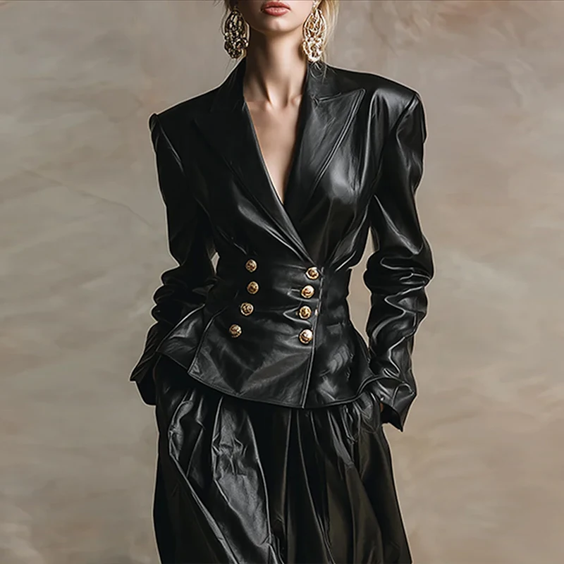 نموذج الأناقة الحضرية سترات من الجلد الصناعي للنساء 2025 الشتاء الخامس الرقبة مزدوجة الصدر المرأة خمر الأسود بولي Leather الجلود أبلى