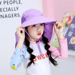 Summer Boys Girls Sun Bucket Hat with Shawl Mesh UV Protection Kids Fisherman Hat with Windproof Rope
