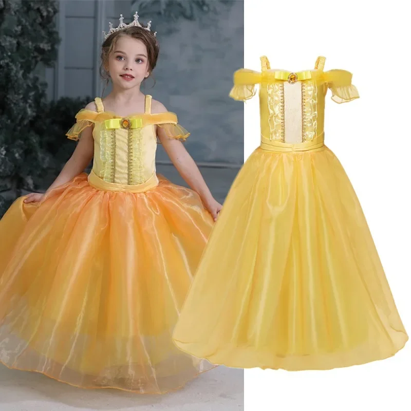 Belle Cosplay Princess Costume for Girl Kids Halloween Birthday Off shoulder Ball Gown Beauty and The Beast Carnival Party Dress