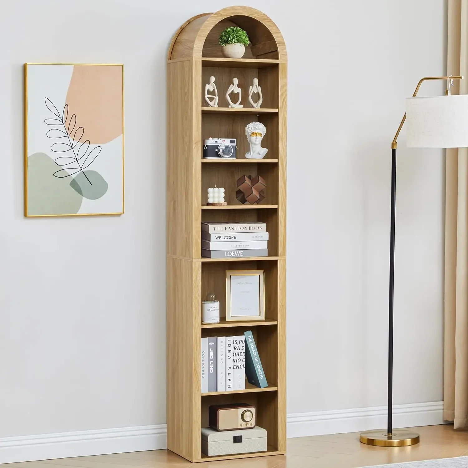 Tall and narrow arched bookshelves, 8-story narrow arched bookcases for small spaces, free-standing storage shelves with