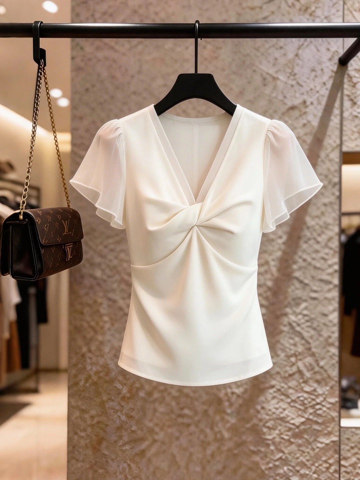 

Elegant V-Neck Knot T-Shirt Women's Slim Fit Unique Design Summer Top French Style Short Sleeve Color Universal Size