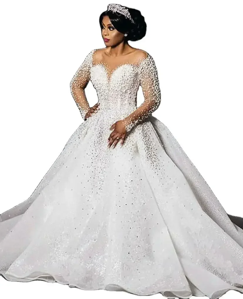 Customized Ball Gown Wedding Dress Customized Size Heavy Beading Sereia Bridal Dress Long Sleeves African Wedding Gowns