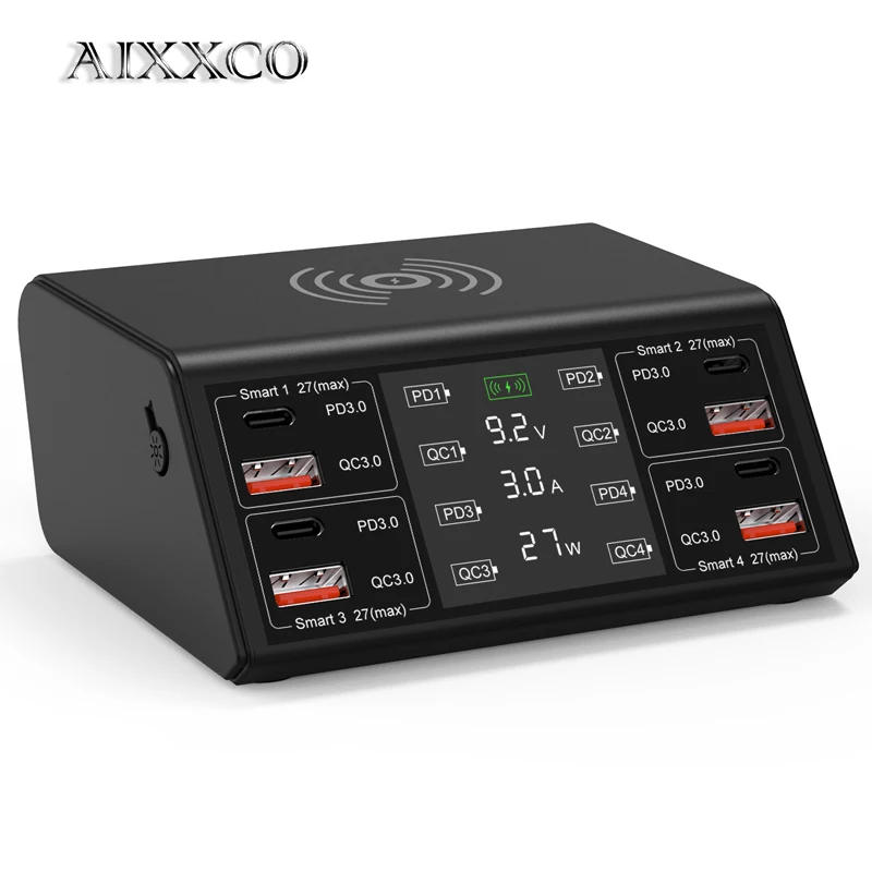 AIXXCO USB Charger PD QC3.0 USB C 100W 8 Port Fast Phone Charger Wireless Charger Charging Station For Xiaomi iPhone 13 12