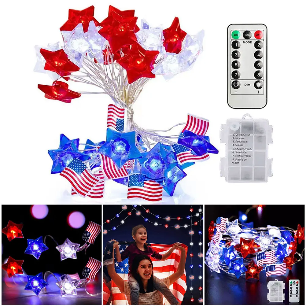 Red White Blue Star String Lights Battery Operated Star Atmosphere Lights Decorative String Lights for Patriotic Decorations