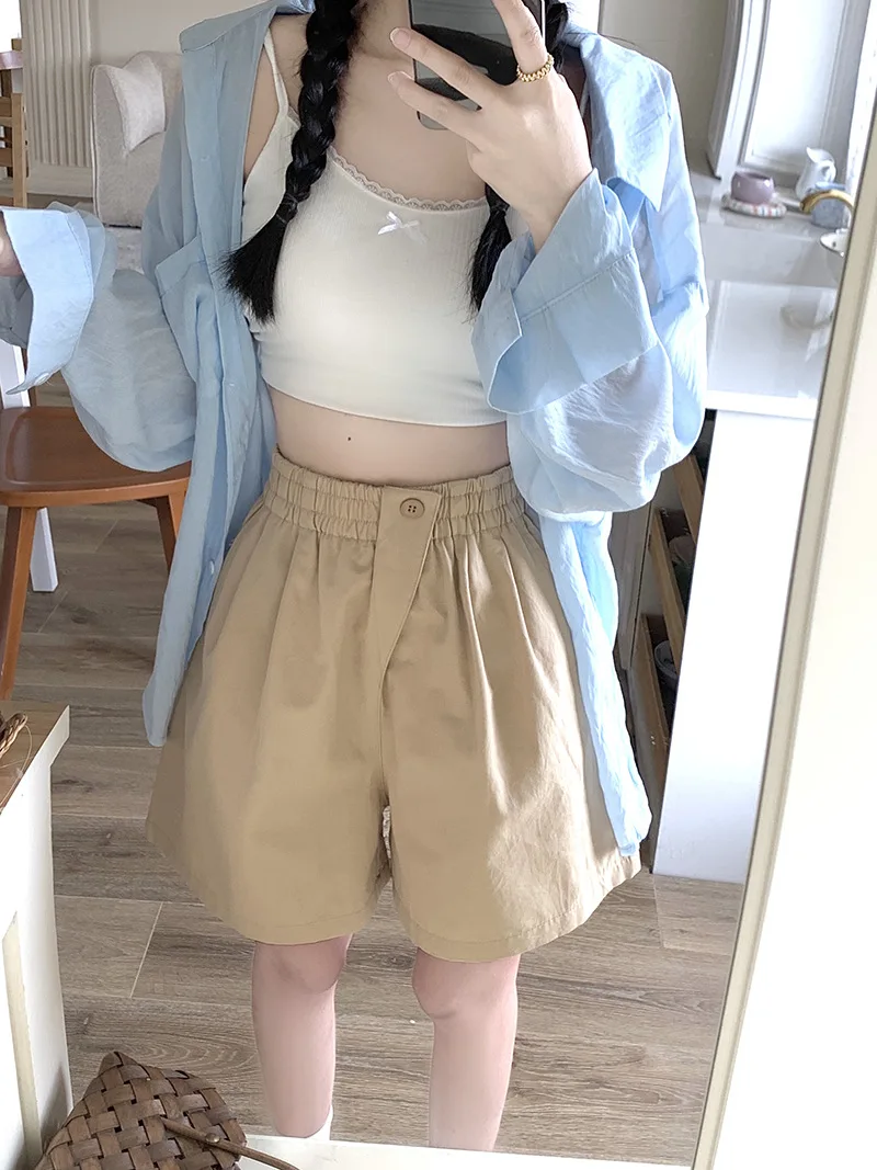 Khaki Elastic High Waist Wide Leg Shorts Women Front Button Loose Casual Cotton Blend Shorts ﻿