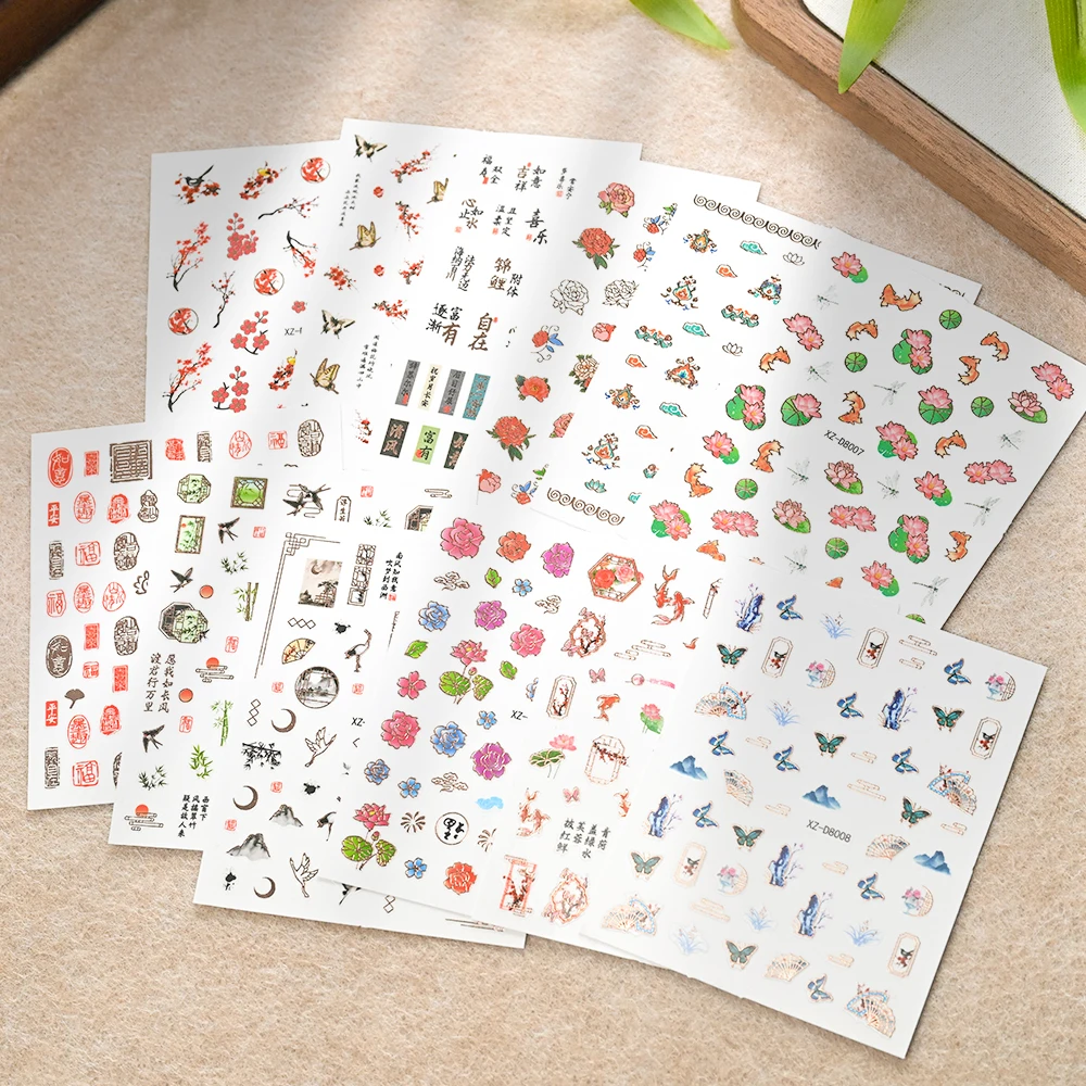 12 szt./zestaw Naklejki na paznokcie z motywami z kreskówek: żuraw, sroka, karp koi, motyl, jaskółka, naklejki na paznokcie w stylu chińskim, tradycyjne ozdoby do paznokci.