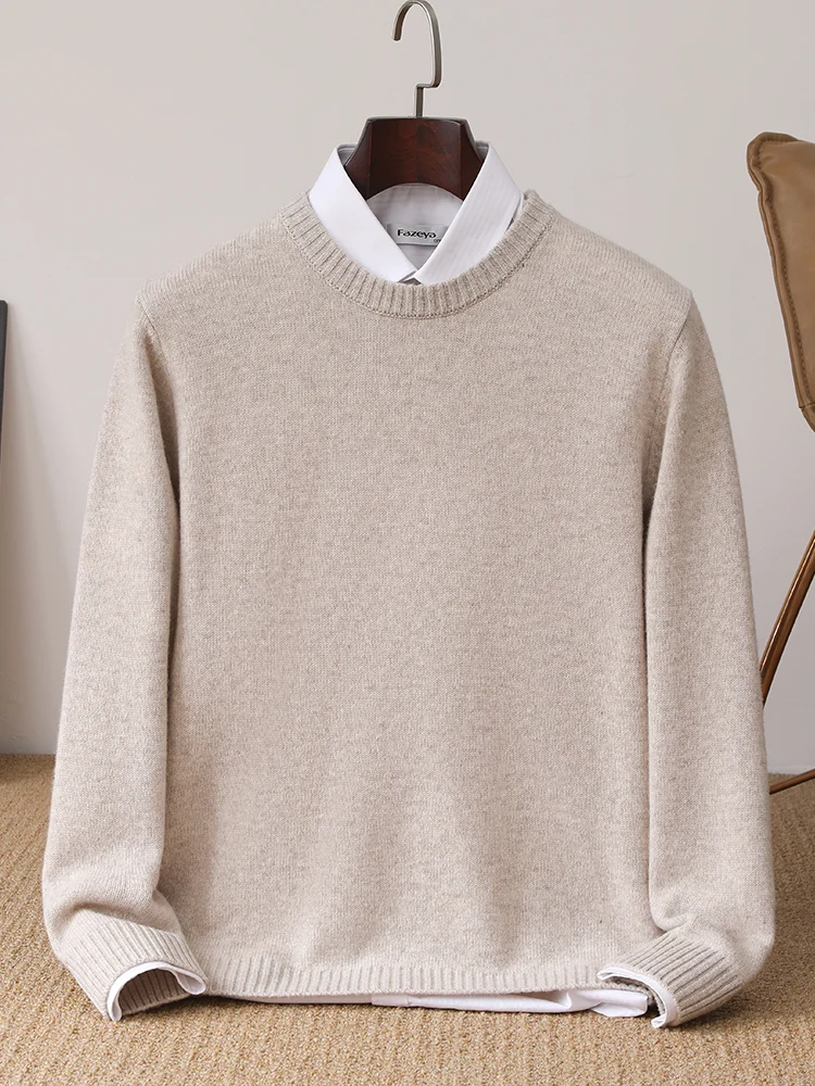 Men's Basic Simple Korean Style 100% Merino Wool Knitwear O-Neck Sweater Tops Soft Warm Casual Loose Chic Comfort Pullovers