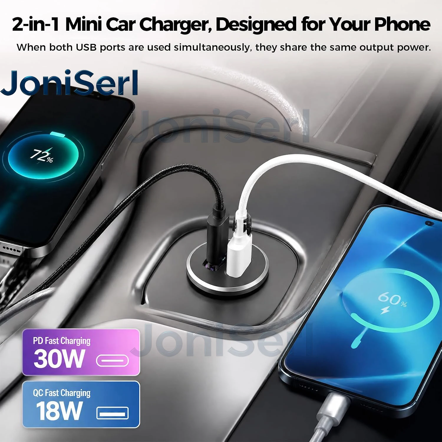 Mini 12V USB Outlet Aluminum Car Charger with PD30W and QC 18W Ports, 22mm Diameter Flush-Mounted Pre-Wired Charger Socket