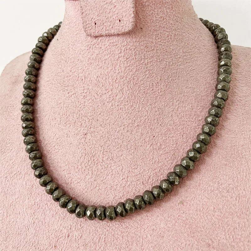 Rare 5*8MM Faceted Iron Pyrite Necklace Heavy Natural Stone Jewelry Noble Elegant Exquisite Collar Chain Choker Collier
