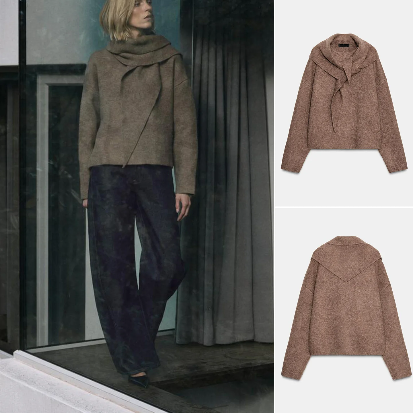 

Autumn Winter New Arrival Women's Knitted Sweater with Scarf Long Sve round Ne Loose Fit ort Length Color