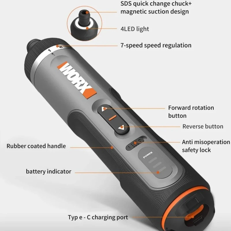 Worx 30 Bit Sets Power Tools WX242 Electrical Screwdriver Set Smart Cordless Drill Screwdrivers USB Rechargeable Set Home Repair view 3