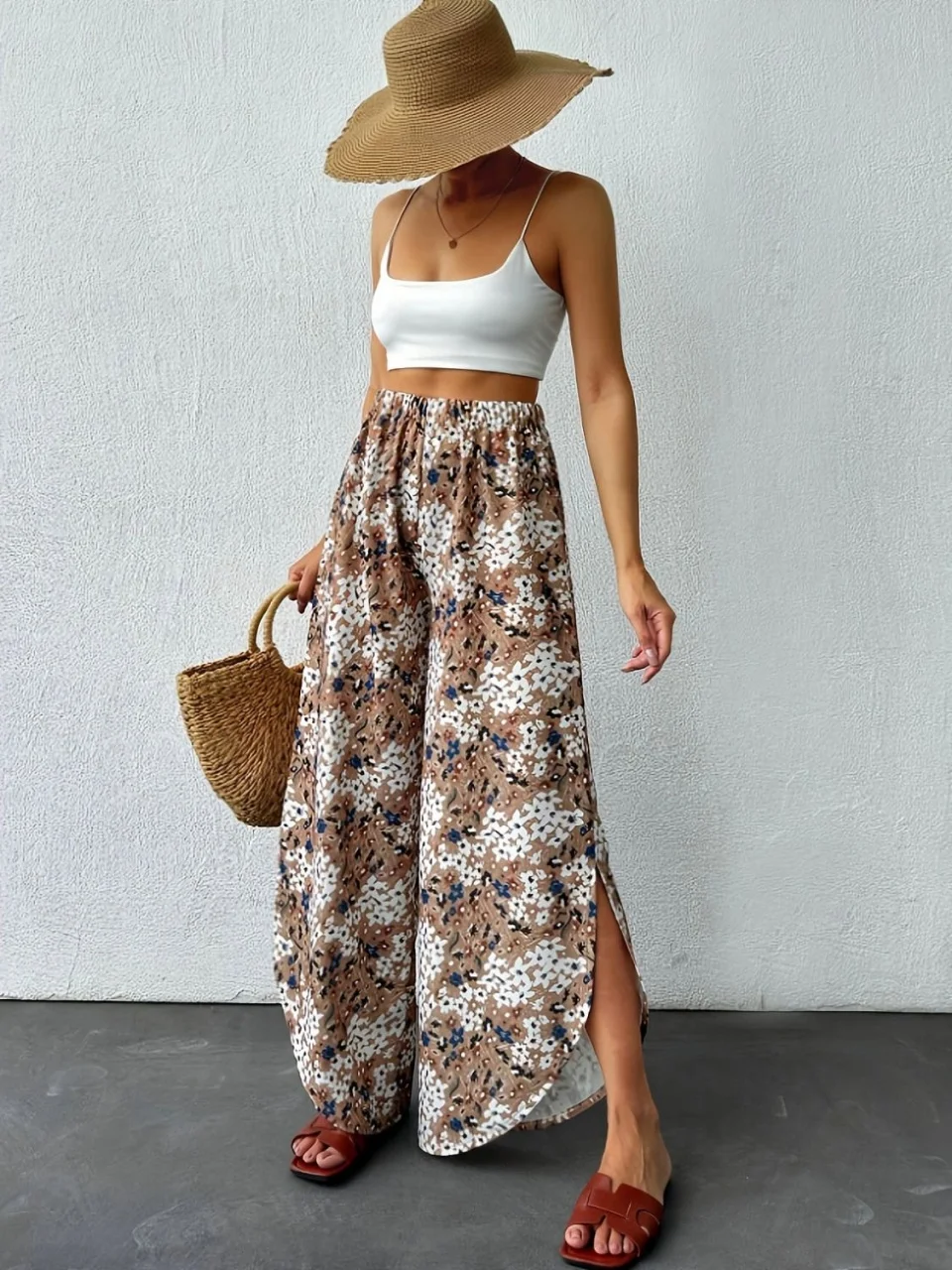Women Floral Print Wide Leg Pants-High Waist Elastic Waist Side Slit, Lightweight Loose Fit Casual Vacation Pants Spring Summer