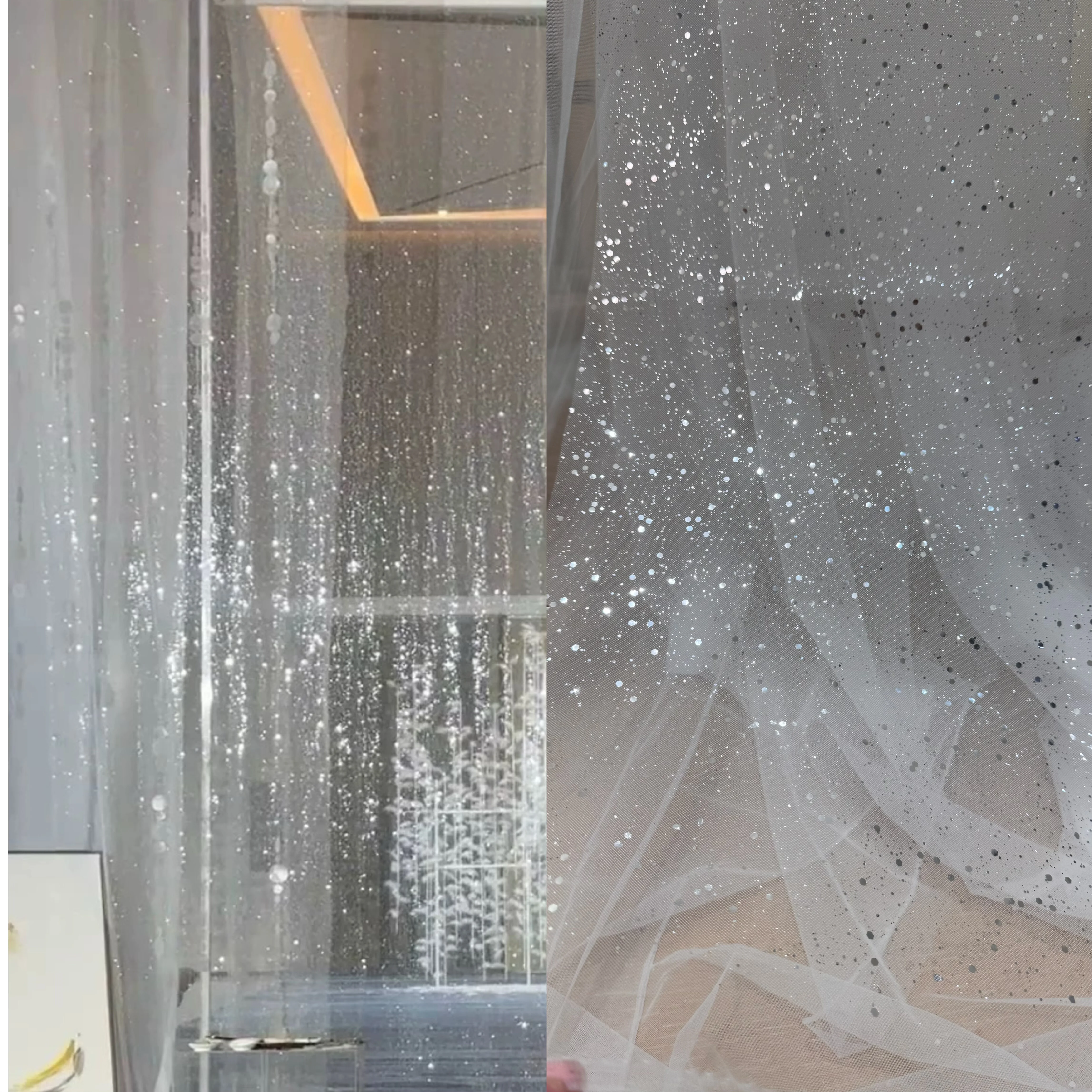 White Hard Sequins Draping Fabric for Wedding Ceremony Layout Transparent Mesh Silver-Strip Shiny Fabric