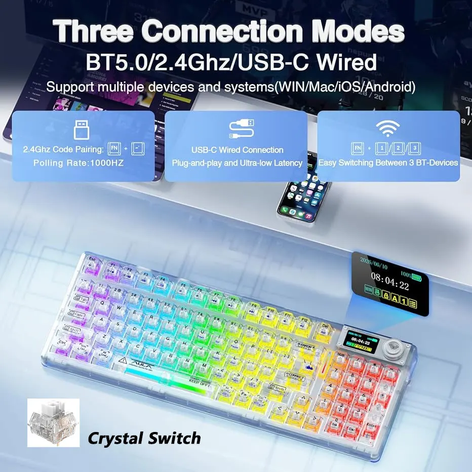 AULA F98PRO Transparant Draadloos Mechanisch Toetsenbord Bluetooth 2.4G Hot Swappable RGB Backlit Custom E-sport Gaming Toetsenbord