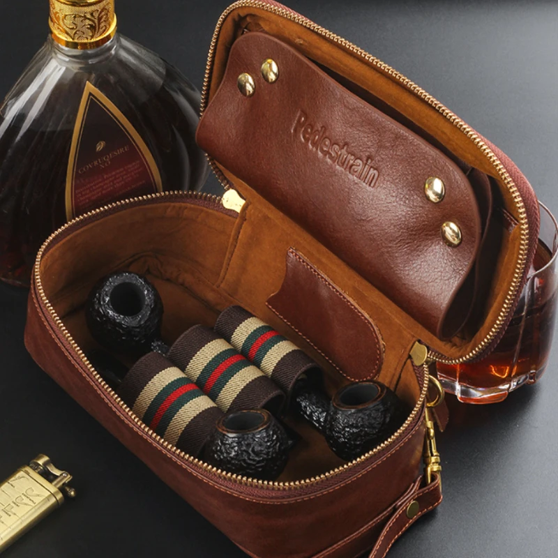 Large 3-Pipe Capacity Veg Tan Leather Organizer Bag, Integrated Tobacco Jar & Multi-Compartment for Vintage Pipe Accessories