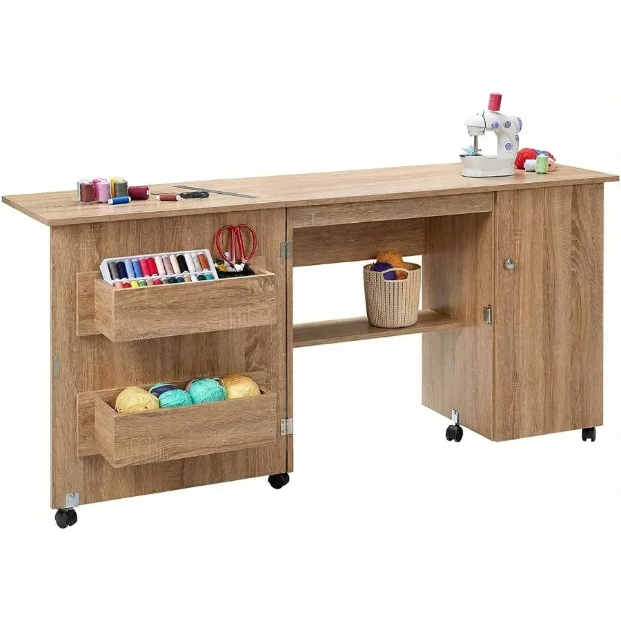 Folding Sewing Table for Office - Multipurpose Portable Sewing Machine Desk with Storage Shelves, Lockable Wheels, Magnetic Doo