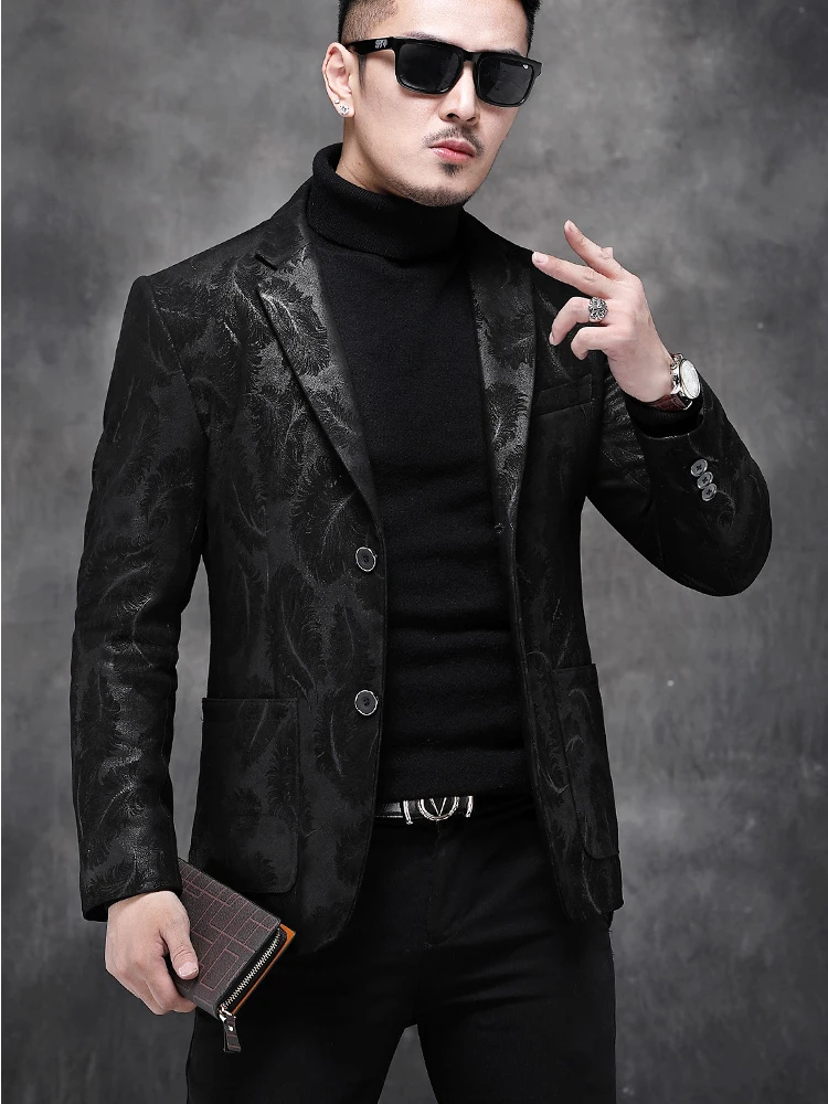 Men Clothing 2024 Male Genuine Leather Suit Collar Pocket Feather Printed Thin Jacket Slim Suit Coat Business Casual Veste Homme