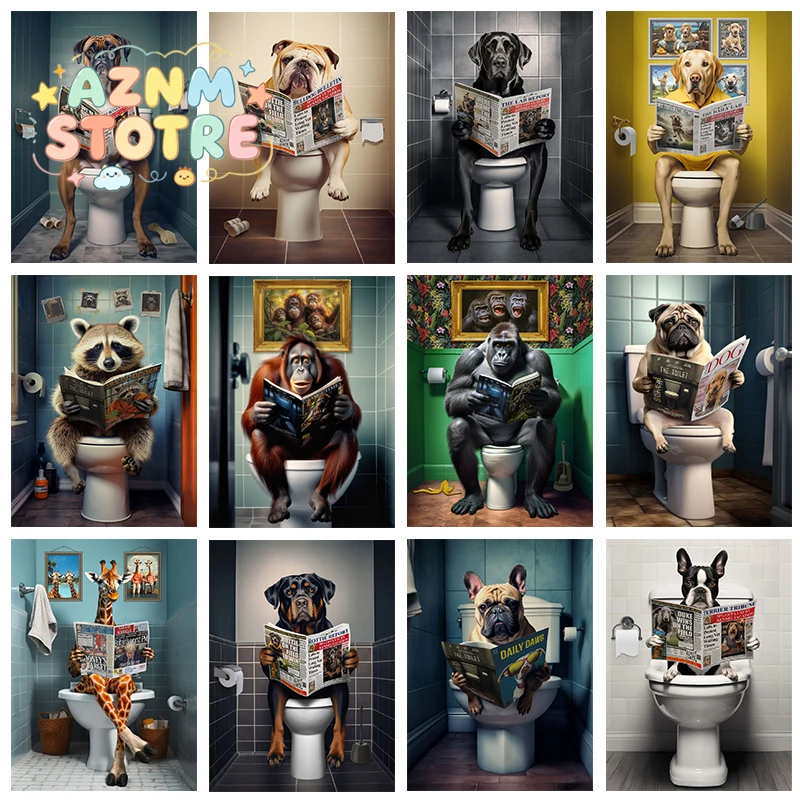 Modern Animals On The Toilet Posters Canvas Paintings And Prints Wall Art For Room Home Bathroom Washroom Decor Frameless Gif