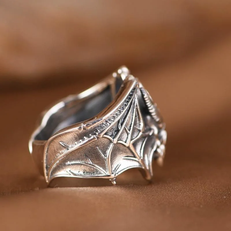 Buyee 925 Sterling Silver Male Big Ring Finger Elegant Gary Bat Open Ring for Woman Men Unique Fashion Fine Jewelry Circle