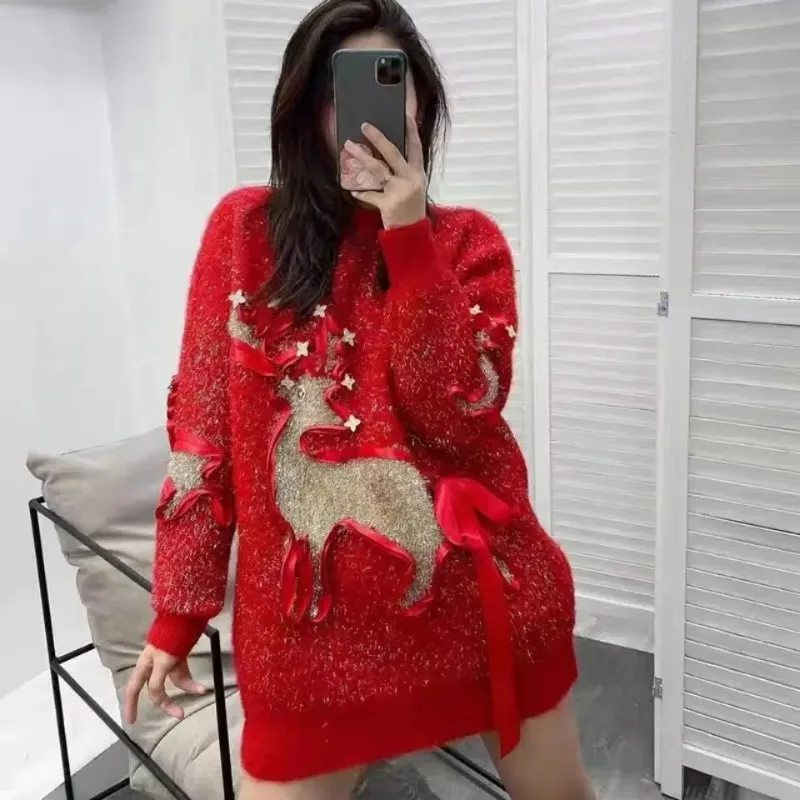 

DAYIFUN Autumn Winter New Solid Christmas Sweaters Elk Bright Silk Heavy Duty Diamond Design Jumpers Women Mid Length Loose Tops