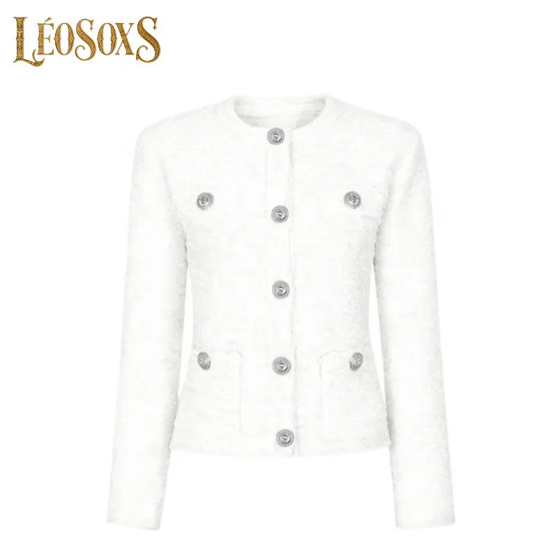 

LEOSOXS женский стильный черный твидовый повседневный пиджак с головой льва и пуговицами на осень-зиму, универсальный повседневный вид 2025