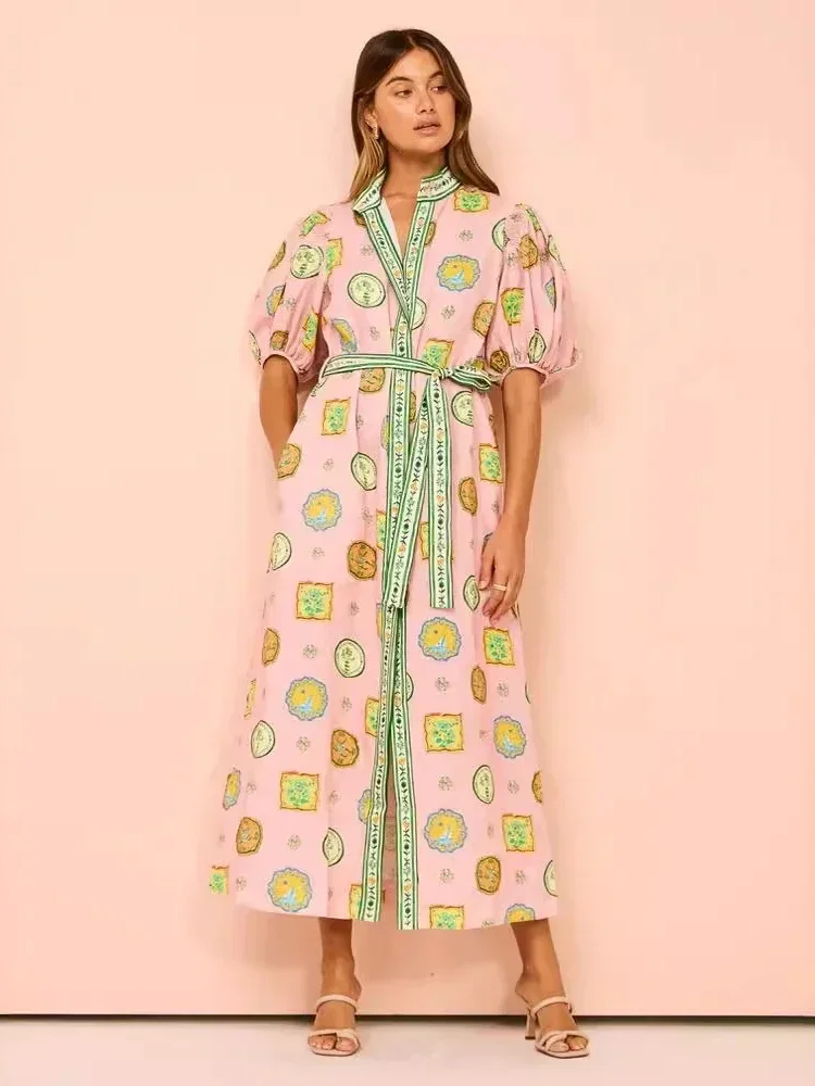 

2024 Summer Fashion Elegant Women's Commuting Style Long Dress Printed Waist Bubble Sleeve Single Breasted Robe