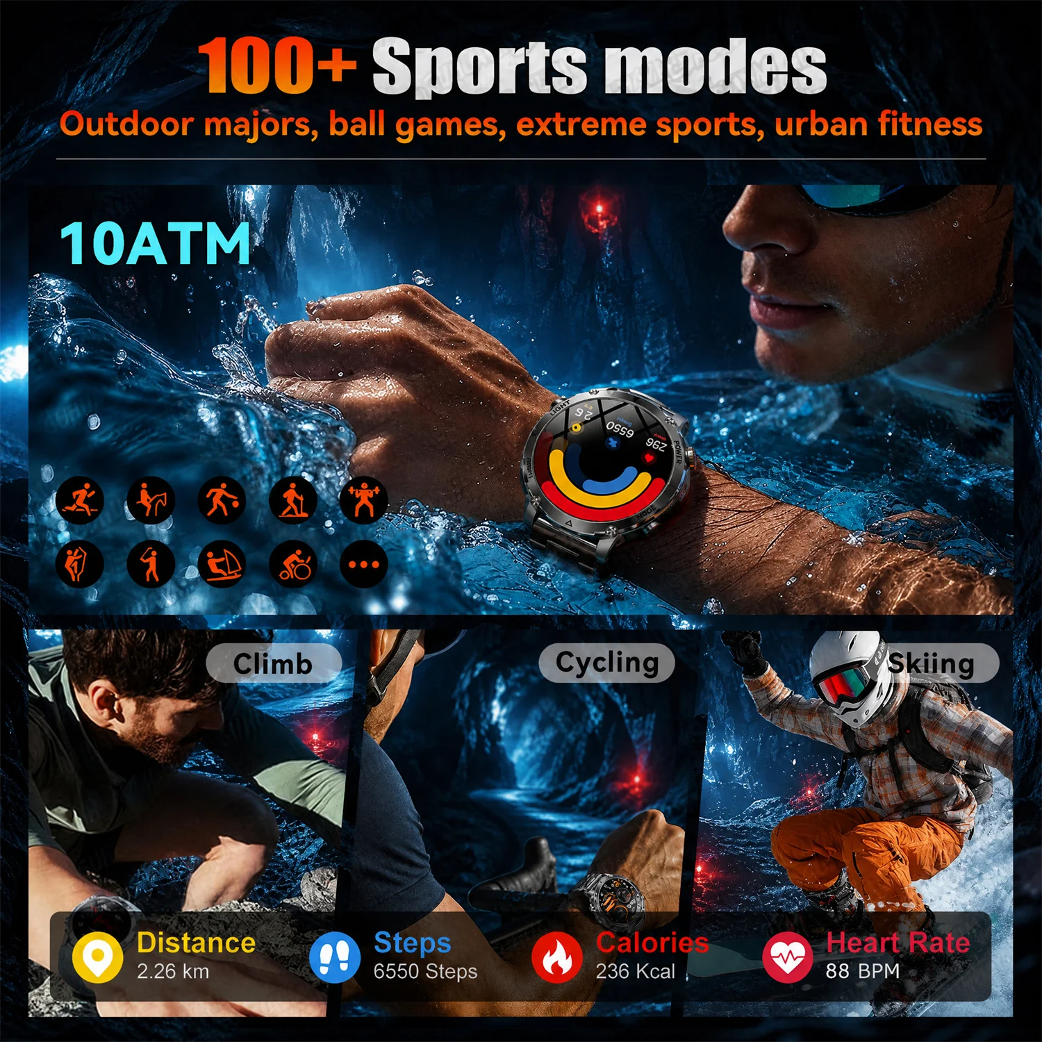 Military Grade Smart Watch for Men 10ATM Waterproof Bluetooth Call 1400mAh 100+Sports Heart Rate Health Outdoor Sport Smartwatch
