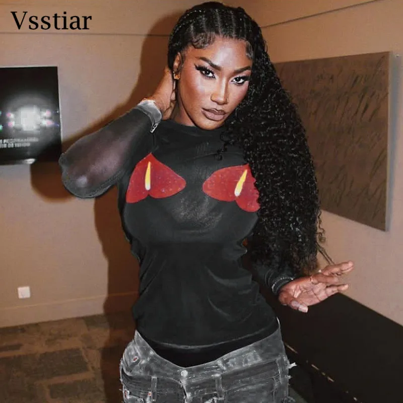 

Vsstiar Sexy Mesh T-Shirt Black Long Sleeve O Neck Printed Women Crop Top Fashion Streetwear Party Clubwear Female Shirts