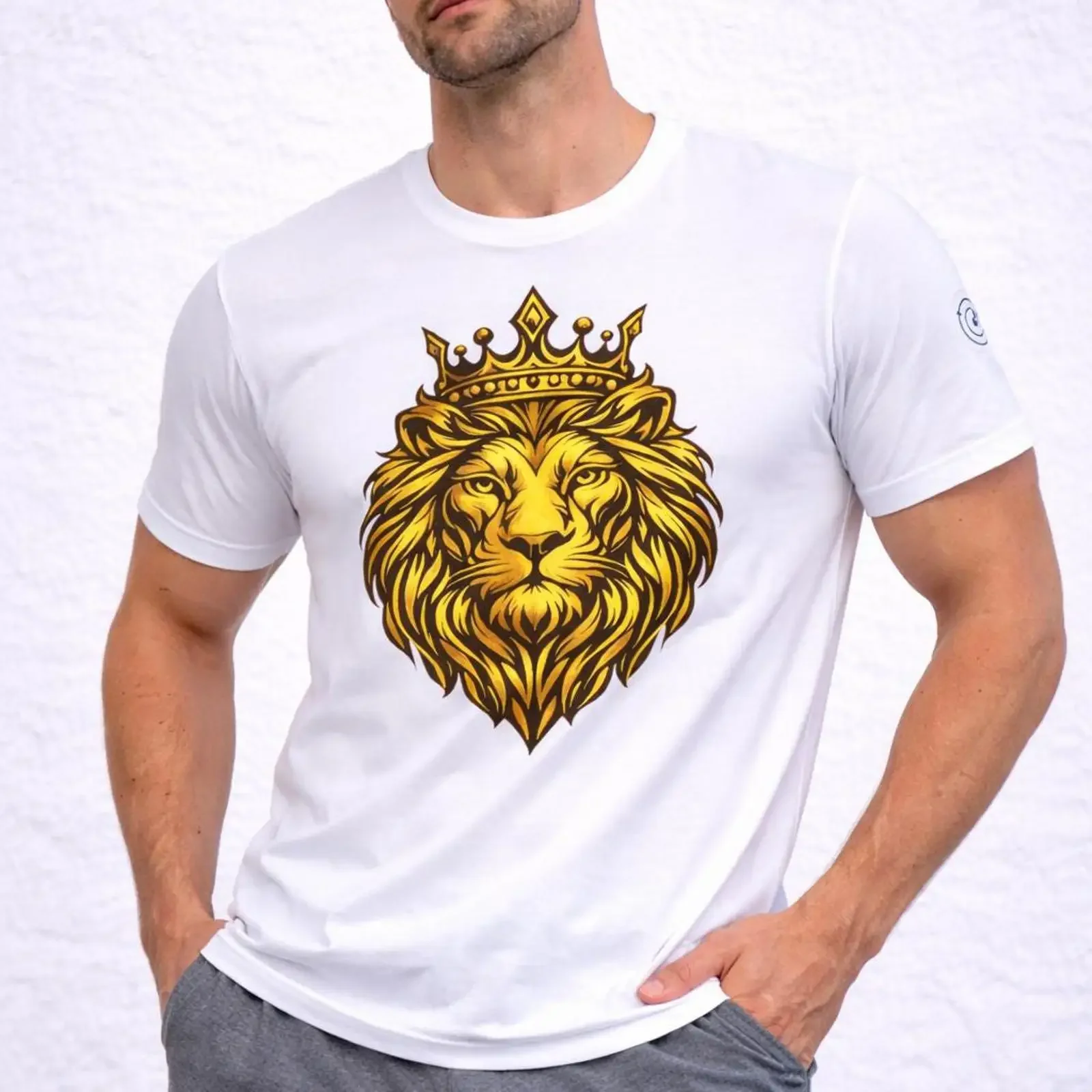 Gold Lion Line Art T Shirt Regal Crowned King  vintage Washed homme Casual Comfortable designer clothes Stretched Breathable