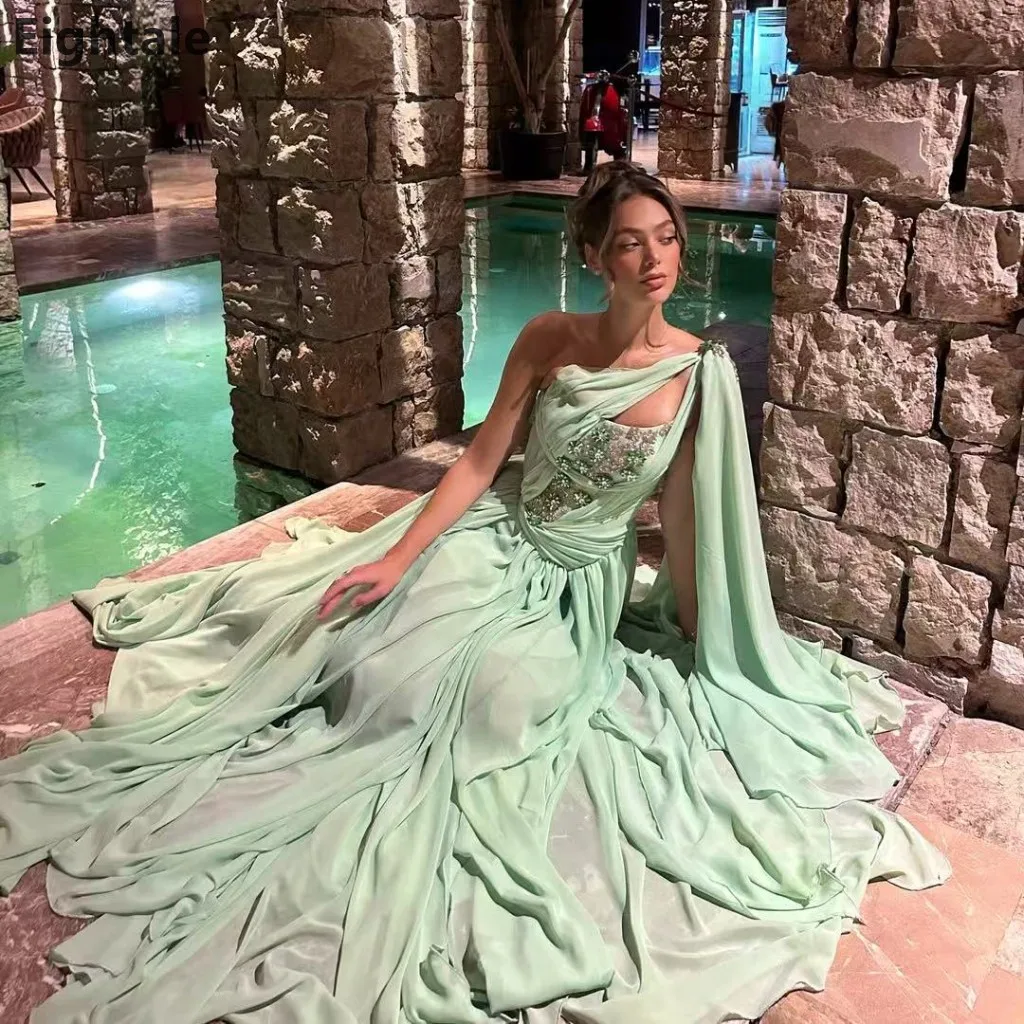 Eightale 2025 verde menta un hombro una línea de gasa Maxi vestido de noche Arabia Saudita vestido de fiesta Dubai vestido de fiesta personalizado