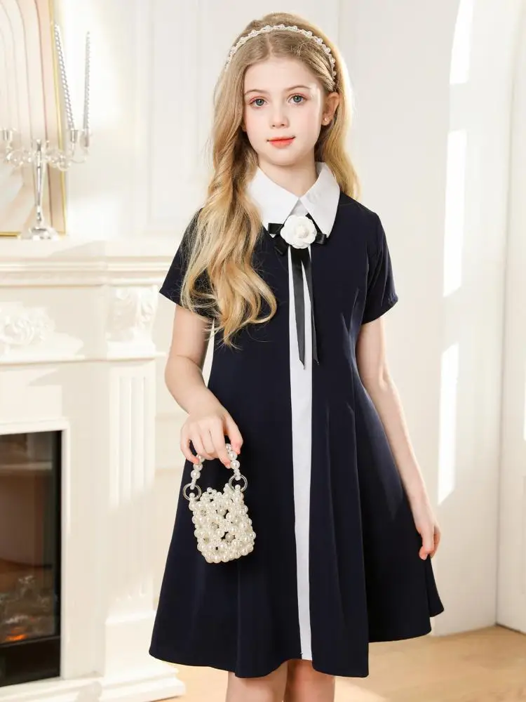 2024 Preppy Style Contrasting Girls Dress Turn Down Collar Casual Daily Children Dresses Teenager Party Short Sleeves Clothing ﻿