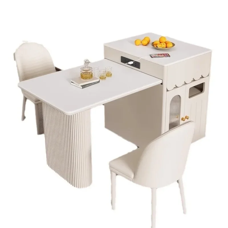 

Cream wind island dining table integrated retractable multi-functional rock slab island simple household kitchen guide bar table