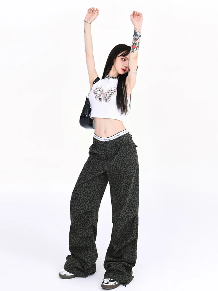 ReddaChic Women Leopard Print Pleated Casual Pants Harajuku High Rise Wide Leg Drawstring Parachute Pants Vintage Y2k Streetwear