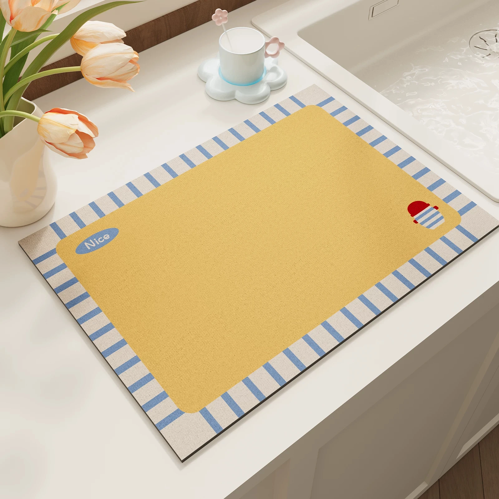 Vibrant Striped Edge Color Blocking Absorbent Leather Drain Pad Table Protector Kitchen Countertop Dry Mat Placemat
