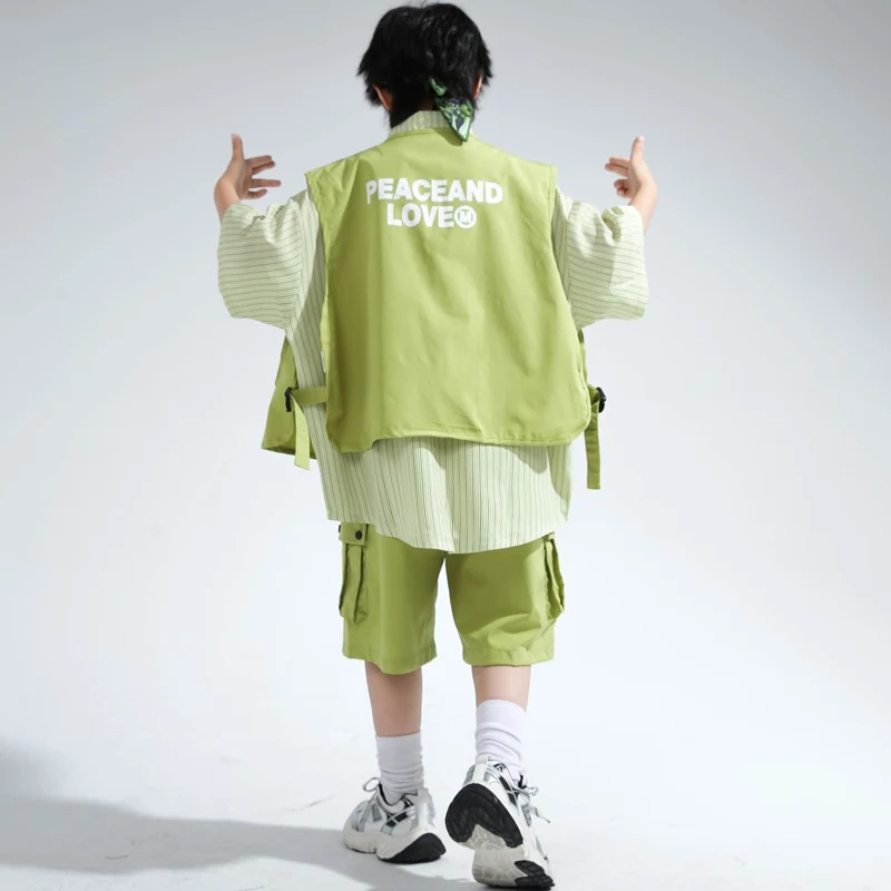 Sommer Kinder Hip Hop Kleidung Jungen Grüne Weste Hemd Shorts Street Dance Kostüm Trommel Konzert Leistung Kleidung Lose BL14863