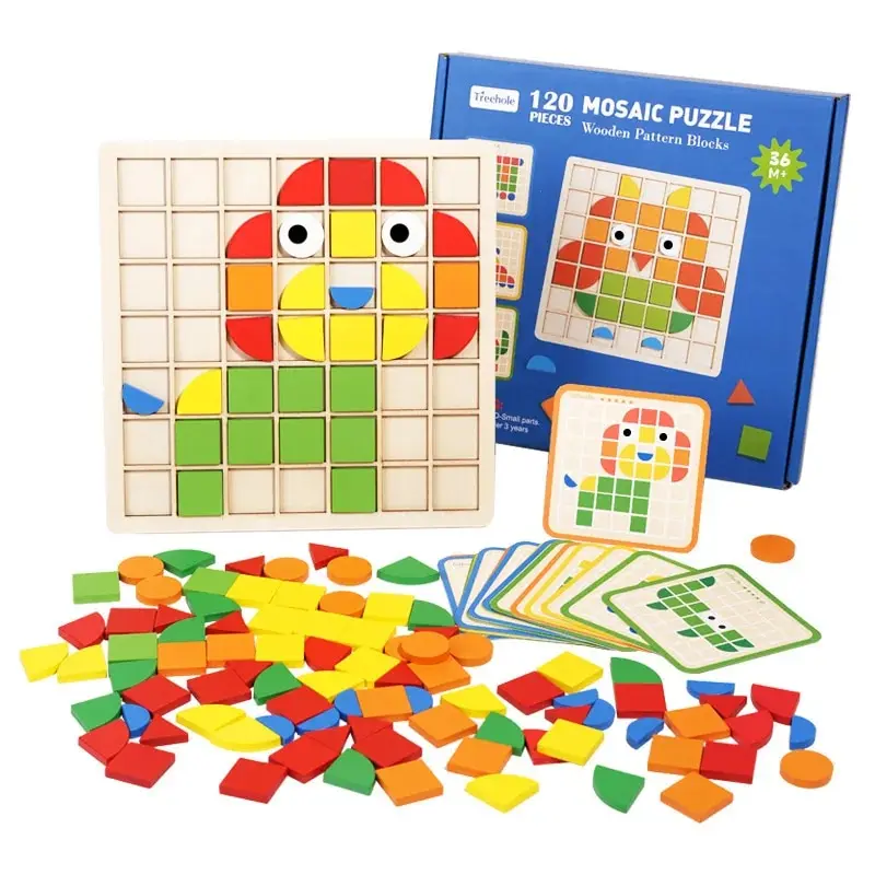 Wooden Mosaic Puzzles Geometric Shapes Building Blocks Pattern with Design Cards Kindergarten Classic Educational Shape Puzzle