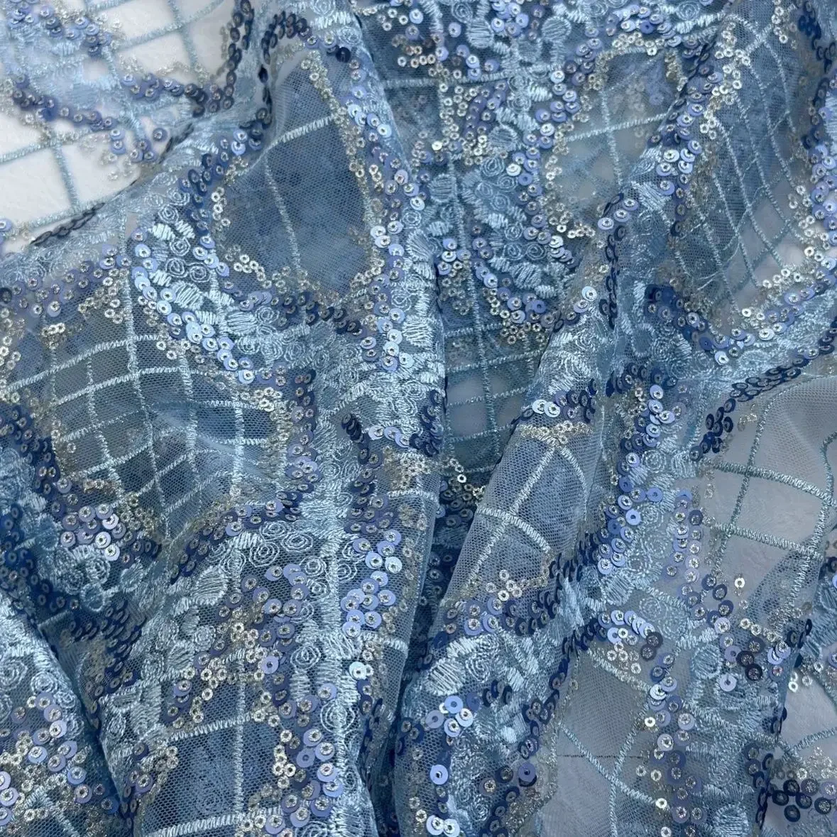 

Blue Sequin Abstract Embroidered Net Lace Fabric Three Dimensional Sheer Material for Dress Set DIY Handmade Garment Craft