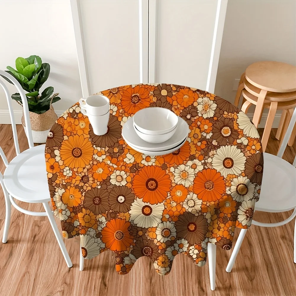 1pc Round Tablecloth, Retro 70S Floral Pattern, Vibrant Orange-Brown Polyester Machine Washable Easy Clean