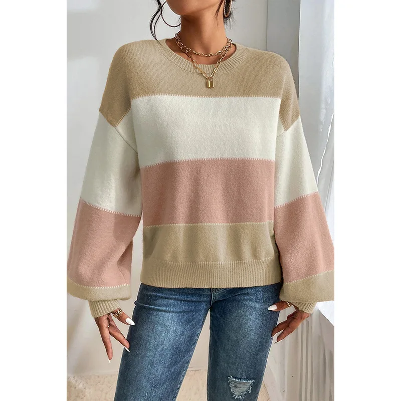 2024 Winter Women's Striped Colorblock Knit Sweater with Lantern Sleeves Pullover Casual Loose Fit