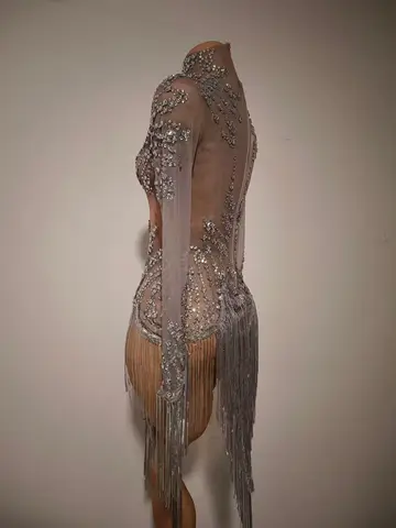 Long Sleeve Mesh Performance New Sexy Sparkly Diamonds Sequins Fringes Luxury Jumpsuit Nightclub Perform Costume Birthday Party