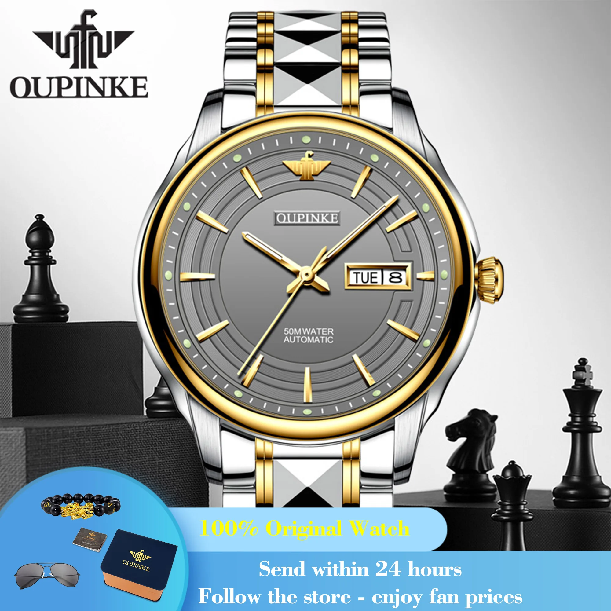

OUPINKE 3170 Watch For Men Week Calendar Display Luminous Mechanical Man Wristwatch Stainless Steel Deep Waterproof Men's Watch