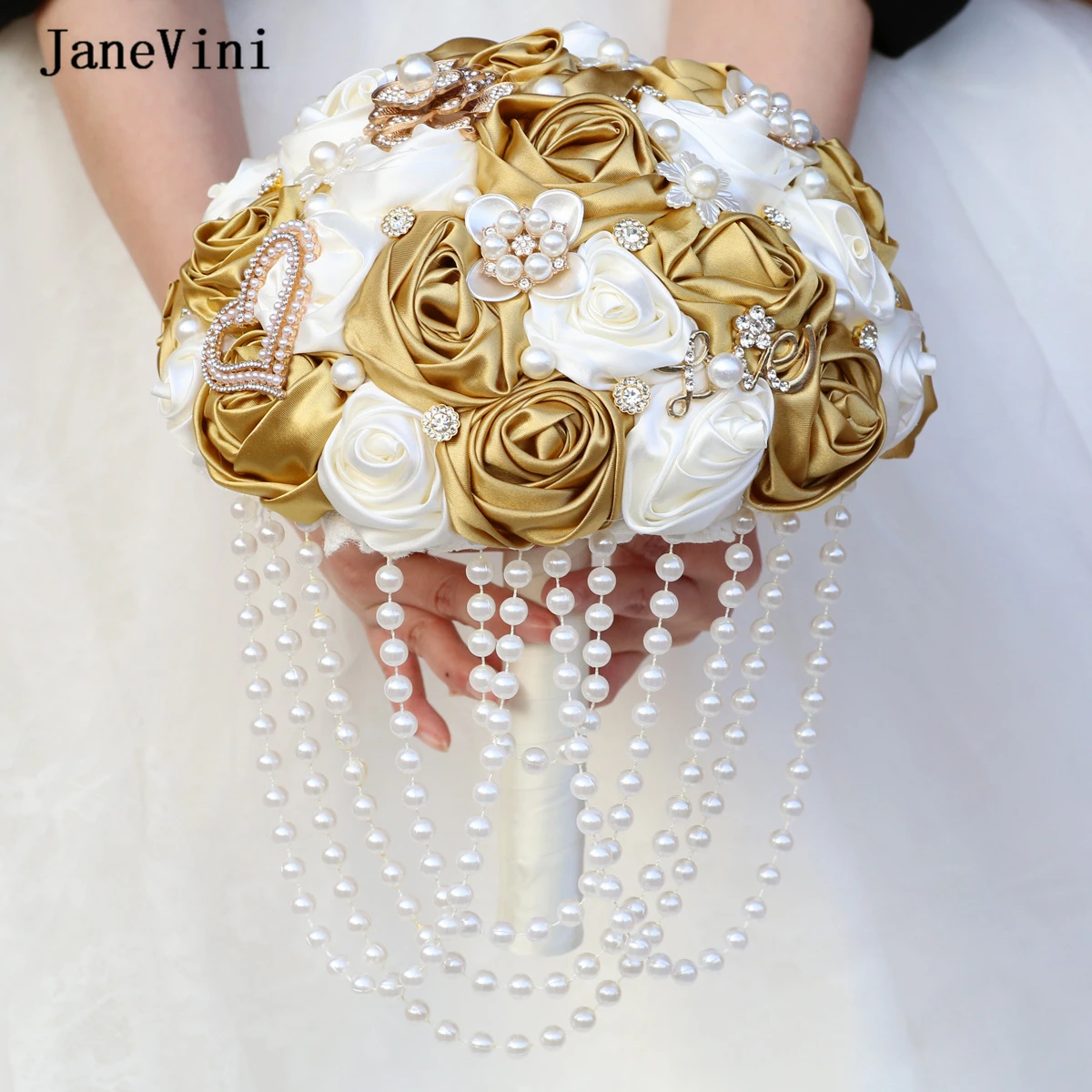 JaneVini 2023 Luxury Bridal Bouquets Pearl Tassels Handmade Gold Roses Bouquet Accessories for Bride Crystal Sparkle Customized