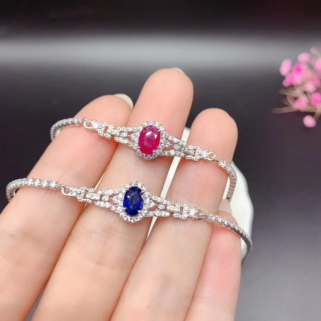 

S925 Стерлингового Серебра 18-каратное Золото Модный Роскошный Сапфировый Браслет Рубиновый Браслет Овальный 5*7 Комплект с Натуральным Красным Сапфиром