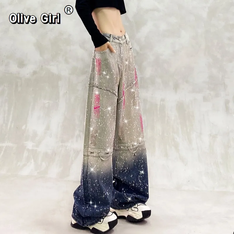 Olivegirl Denim Jeans Full Sky Star Diamond Painted Rivet Chain Pants Women Trousers High Waisted Loose Straight Leg Wide Leg