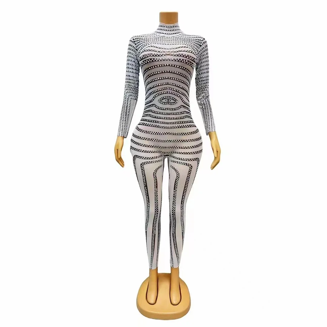 Elastic Black White Stripes Leotard Sexy Stage Wear Nightclub Tight Dance Costume Women Long Sleeve Mesh Rhinestones Jumpsuit