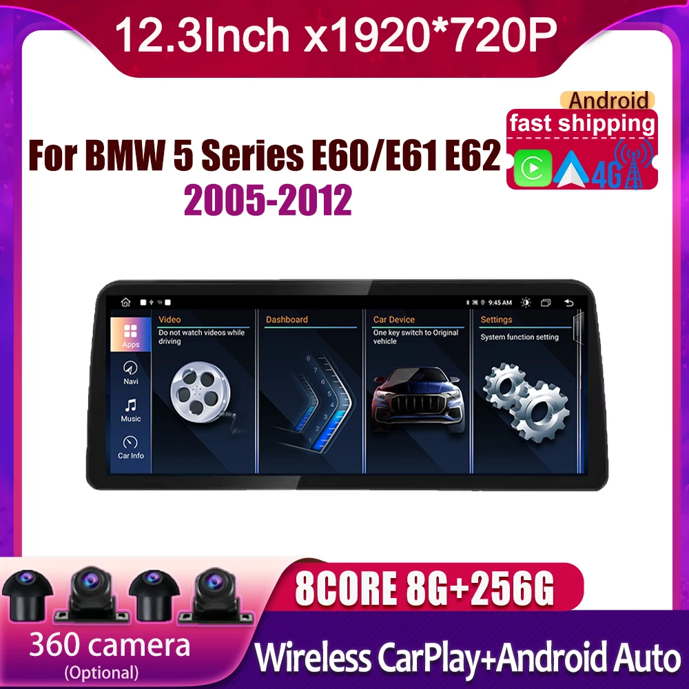 

For BMW 5 Series E60/E61 E62 2005-2012 Car Carplay Monitors Multimedia Stereo Radio Player 12.3 Inch Android 14 FM 4G WIFI SWC