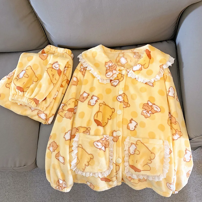 Hot Sell Pompom Purin Cartoon Flannel Pajamas Velvet Sleepwear Warm Soft Plush Pajamas Women Winter Home Clothes Christmas Gifts