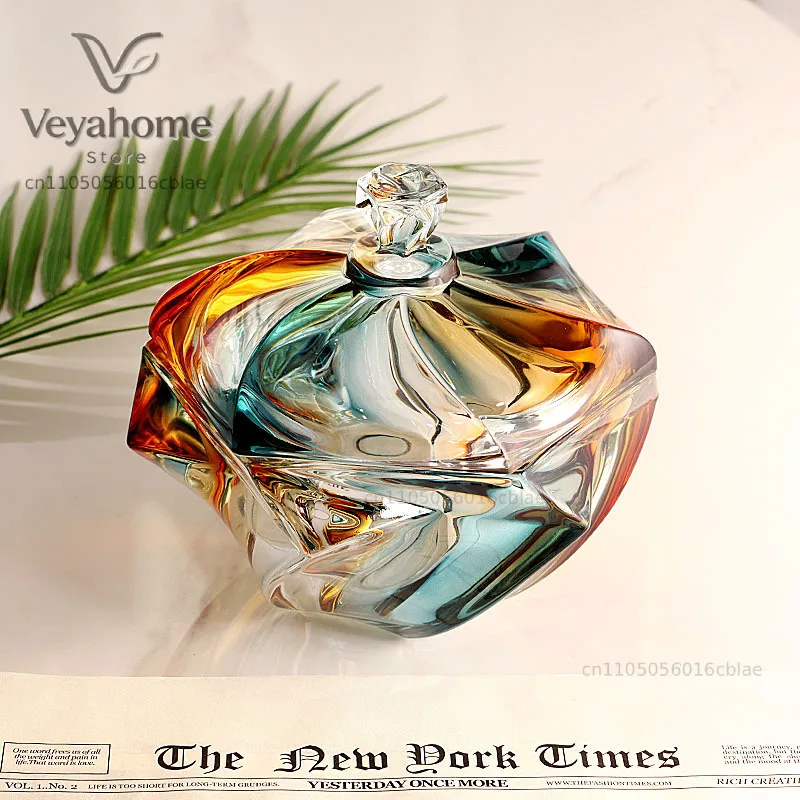 Creative Glass Candy Jar Jade Gold Irregular Covered Storage Box Light Luxury Dried Fruit Glass Jar Desktop Decoration Box